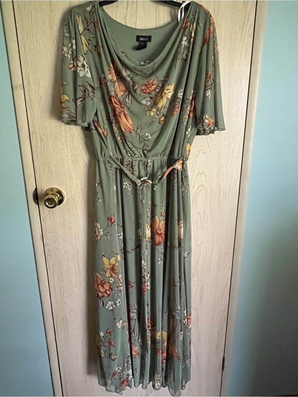 Alexa B Safe Green Autumn Floral Flutter Sleeve Flowing MIDI Dress Sz 20W